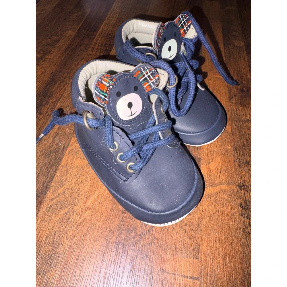 Goldbug Navy Blue Infant Bear Plaid Soft Sole Pre-Walker Boots Size 2
